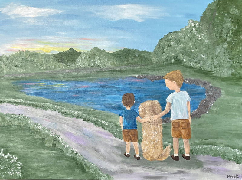 custom painting of 2 boys and their dog. acrylic on canvas