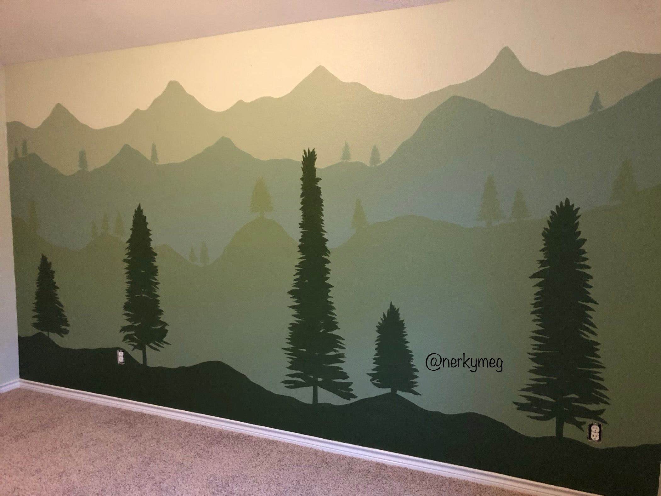 green monochrome mountain mural